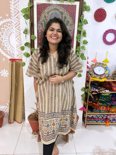 Cream Ajrakh Block Print Designer Cotton Kaftan