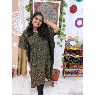 Green Ajrakh Block Print Designer Cotton Kaftan