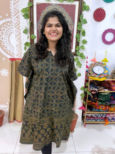 Green Ajrakh Block Print Designer Cotton Kaftan