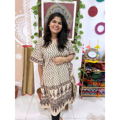 Cream Ajrakh Block Print Designer Cotton Kaftan