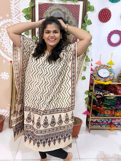 Cream Ajrakh Block Print Designer Cotton Kaftan