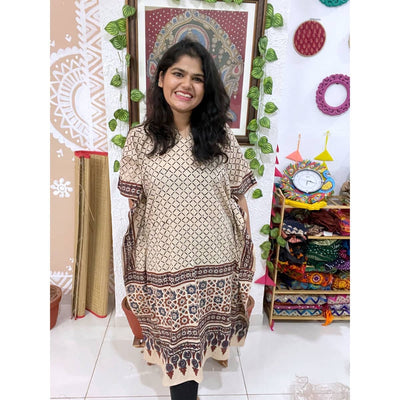 Cream Ajrakh Block Print Designer Cotton Kaftan