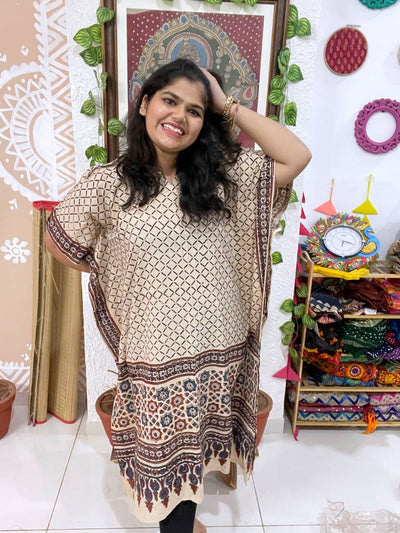 Cream Ajrakh Block Print Designer Cotton Kaftan