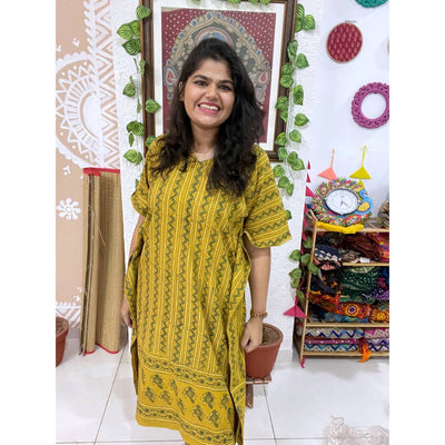 Yellow Ajrakh Block Print Designer Cotton Kaftan