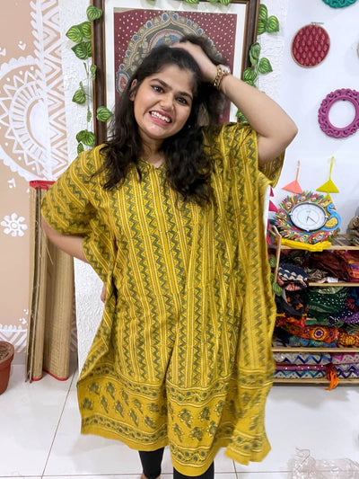 Yellow Ajrakh Block Print Designer Cotton Kaftan