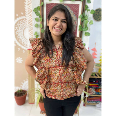 Red Kalamkari Cotton Frilled Top