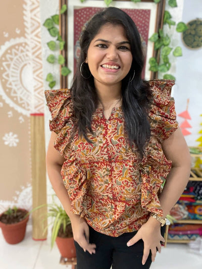 Red Kalamkari Cotton Frilled Top