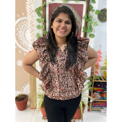 Black Kalamkari Cotton Frilled Top