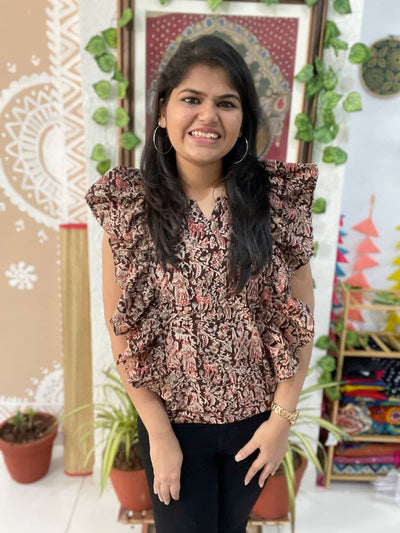 Black Kalamkari Cotton Frilled Top