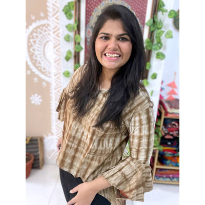 Brown Shibori Cotton Bell Sleeve Top