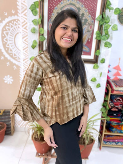 Brown Shibori Cotton Bell Sleeve Top