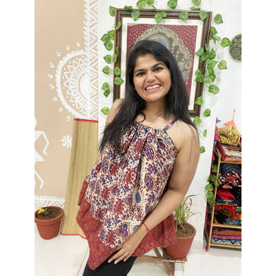 Cream Ajrakh Adjustable Free-Size Flared Top