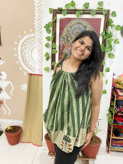 Green Ajrakh Brush Adjustable Free-Size Flared Top