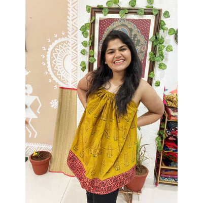 Yellow Ajrakh Adjustable Free-Size Flared Top