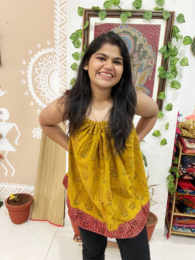 Yellow Ajrakh Adjustable Free-Size Flared Top