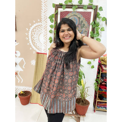 Brown Ajrakh Adjustable Free-Size Flared Top