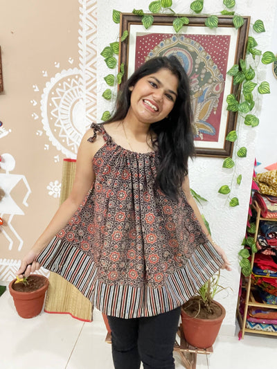 Brown Ajrakh Adjustable Free-Size Flared Top