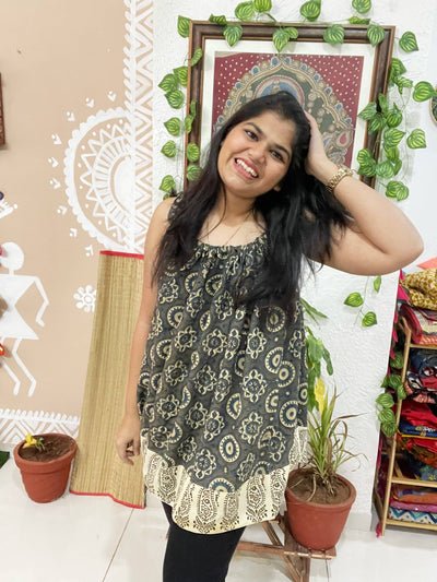 Grey Ajrakh Adjustable Free-Size Flared Top