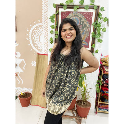 Grey Ajrakh Adjustable Free-Size Flared Top