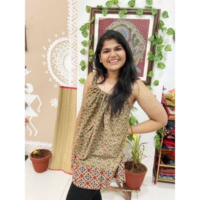 Brown Ajrakh Adjustable Free-Size Flared Top