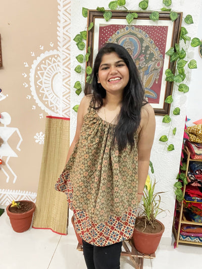 Brown Ajrakh Adjustable Free-Size Flared Top