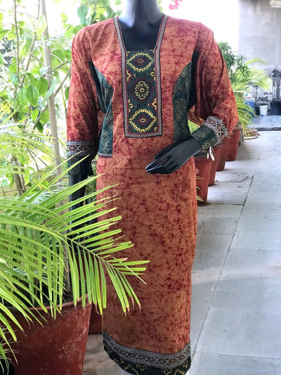 Orange Ajrakh Batik Designer Cotton Kurti