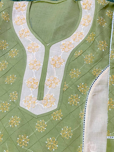 Yellow-Green Cotton Chikankari Panelled Kurti
