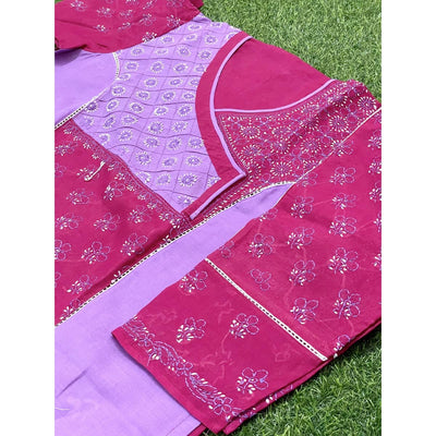 Purple-Pink Cotton Chikankari Panelled Kurti