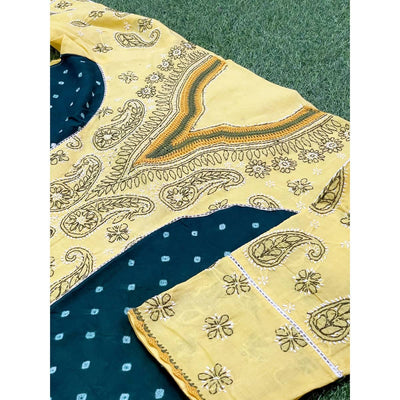 Yellow-Green Cotton Chikankari Bandhani Panelled Kurti