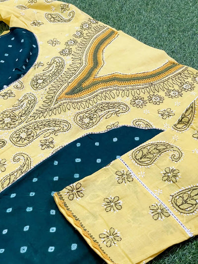 Yellow-Green Cotton Chikankari Bandhani Panelled Kurti