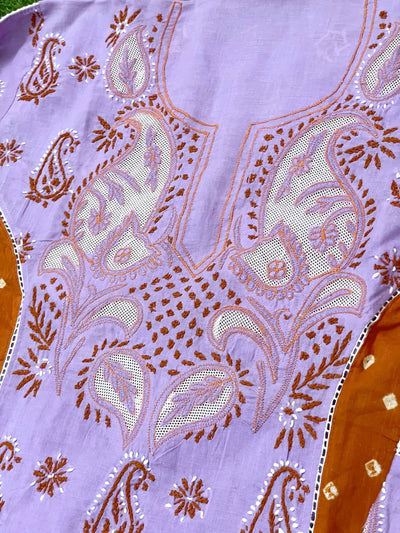 Lavender-Brown Cotton Chikankari Bandhani Panelled Kurti