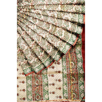 Cream Bagru Block Print Chanderi Silk Saree - SSEthnics