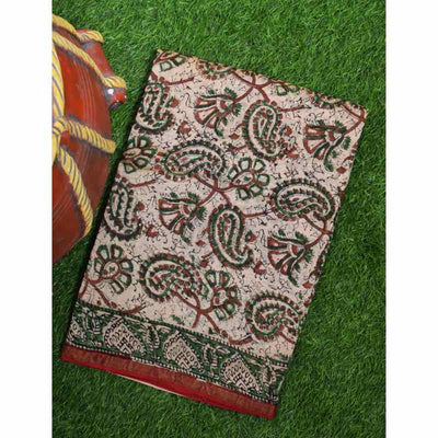 Cream Bagru Block Print Chanderi Silk Saree - SSEthnics