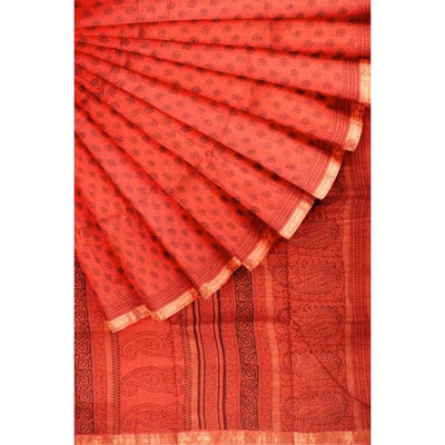 Red Bagh Maheshwari Silk Block Print Saree - SSEthnics