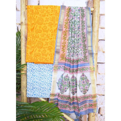 Orange Jaipuri Unstitched Suit with Cotton Dupatta - SSEthnics