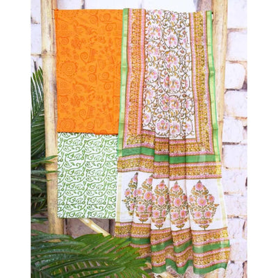 Orange Jaipuri Unstitched Suit with Cotton Dupatta - SSEthnics