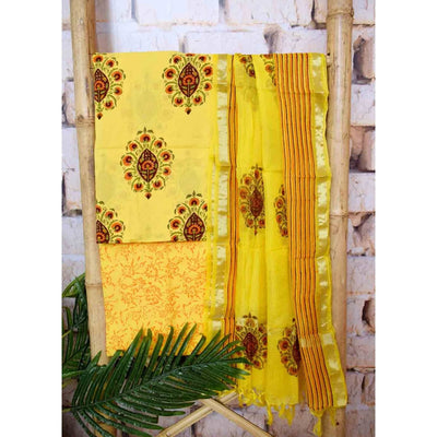 Yellow Jaipuri Block Print Suit with Kota Dupatta - SSEthnics