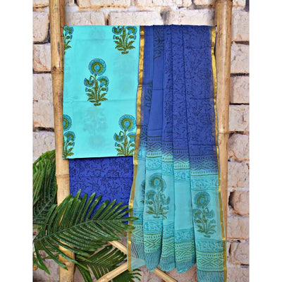 Blue Jaipuri Block Print Suit with Chiffon Dupatta - SSEthnics