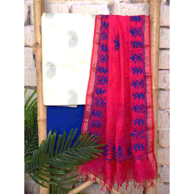 Cream Jaipuri Kota Silk Suit with Kota Dupatta - SSEthnics