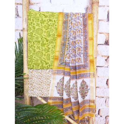 Green Jaipuri Unstitched Suit with Cotton Dupatta - SSEthnics