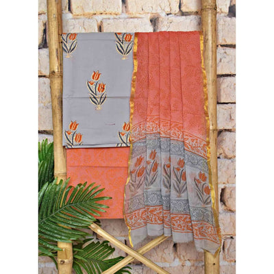 Grey Jaipuri Block Print Suit with Kota Dupatta - SSEthnics