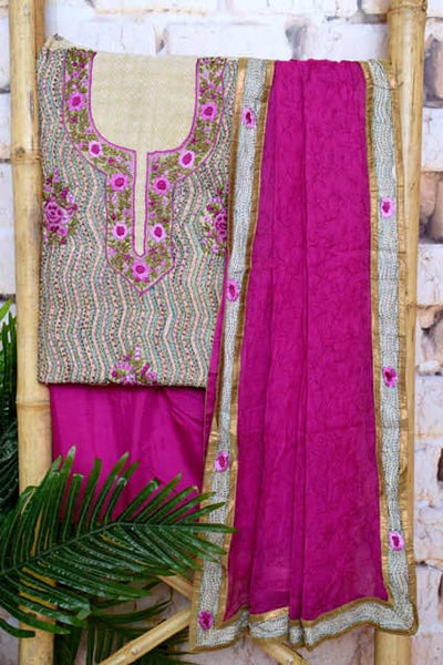 Cream Kantha Hand Embroidered Chanderi Suit - SSEthnics
