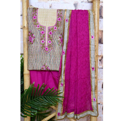 Cream Kantha Hand Embroidered Chanderi Suit - SSEthnics