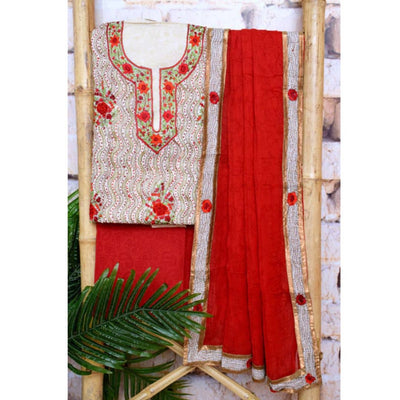 Red Kantha Hand Embroidered Cotton Suit - SSEthnics