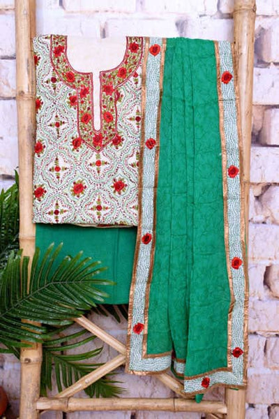 Green Kantha Hand Embroidered Cotton Suit - SSEthnics
