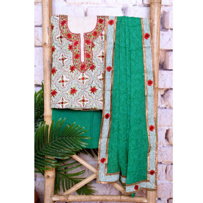 Green Kantha Hand Embroidered Cotton Suit - SSEthnics
