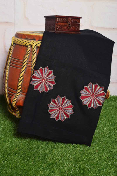 Black Cotton Blouse with Embroidery - SSEthnics