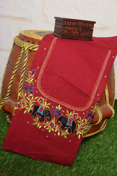 Red Cotton Blouse with Embroidery - SSEthnics