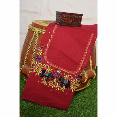 Red Cotton Blouse with Embroidery - SSEthnics