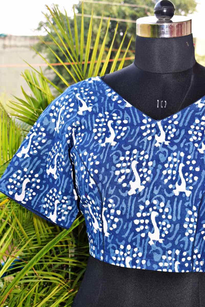 Indigo Block Print Blouse Princess Cut - SSEthnics